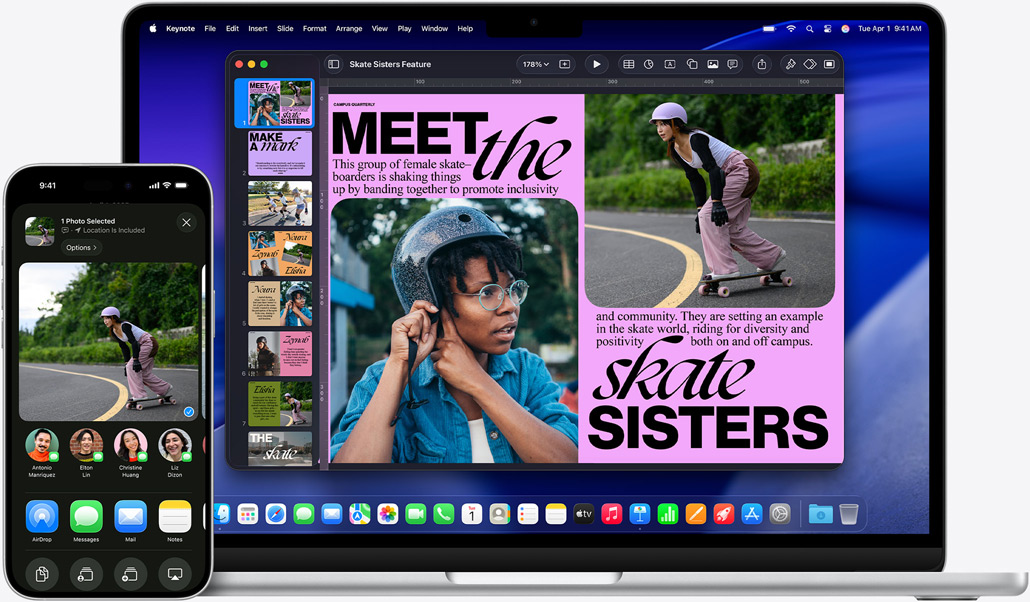 iPhone 16 Plus mit ge?ffneter Foto App, 13" MacBook Air mit einer ge?ffneten Keynote Folie, das Foto vom iPhone ist auf der Folie zu sehen