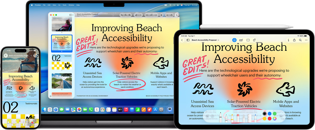 Mehrere Apple Ger?te, das gleiche Bild auf jedem Ger?t, ein Apple Pencil wurde verwendet, um das Bild auf dem iPad zu markieren, die Markierungen werden auf den anderen Ger?ten übernommen
