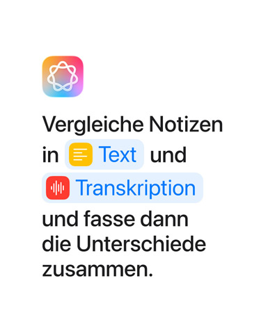 Vergleiche Notizen in Text und Transkription und fasse sie dann zusammen, wobei die W?rter ?Text“ und ?Transkription“ blau hervorgehoben sind, wie sie in der Kurzbefehle App erscheinen würden.