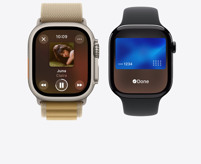 Frontvisning av Apple Watch Ultra 2 og Apple Watch Series 10 med musikkavspilling p? den ene skjermen og Apple Card p? den andre.