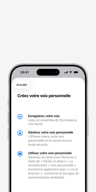 écran de l’iPhone 17 Pro affichant la fonctionnalité Voix personnelle avec des instructions indiquant comment créer votre Voix personnelle