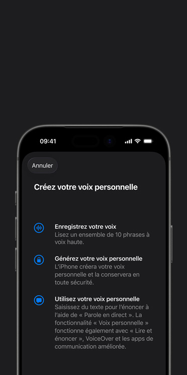 écran de l’iPhone 17 Pro affichant la fonctionnalité Voix personnelle avec des instructions indiquant comment créer votre Voix personnelle