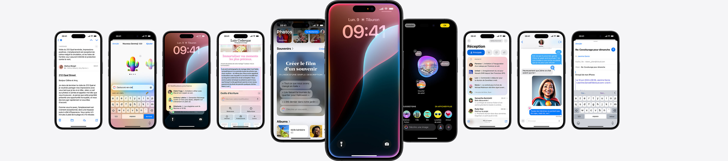 Image de plusieurs iPhone affichant des fonctionnalités d’Apple Intelligence.