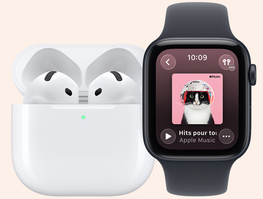 Des AirPods posés à c?té d’une Apple Watch.