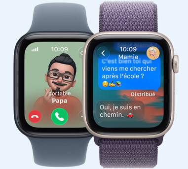Deux Apple Watch. Une avec un Memoji de Papa qui appelle. L’autre avec un SMS pour Mamie qui dit ? Mamie, on a gagné le match ! ?{