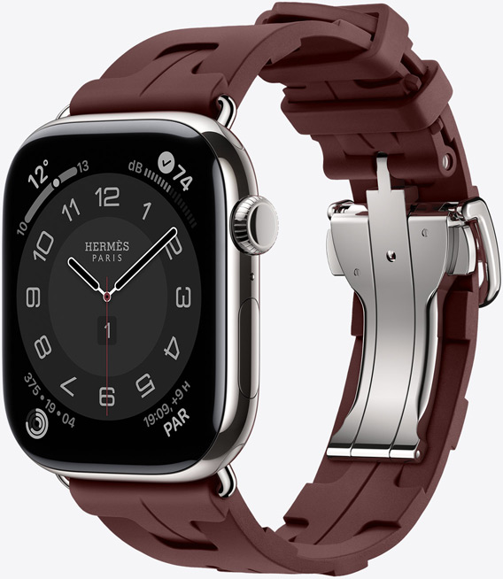 Apple Watch Hermès Series 11, bo?tier en titane, argent, bracelet Kilim, bordeaux, boucle argent à dégagement rapide