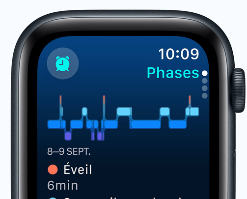 écran de l’app Sommeil affichant les phases du sommeil, les minutes d’éveil et les minutes de sommeil paradoxal