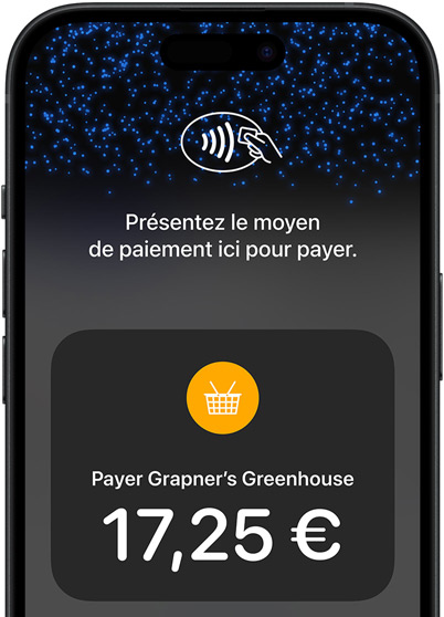 Gros plan de l’écran d’un iPhone sur lequel figurent l’ic?ne de paiement sans contact et les informations relatives à la transaction.