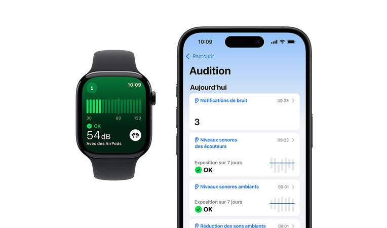 Apple Watch Series 10 avec bracelet Sport noir, l’interface affiche mesure du bruit ; à c?té, un iPhone 16 affiche les mentions Audition, Niveaux sonores ambiants et Environnement.