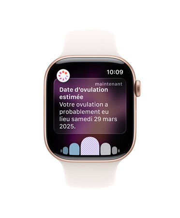 Apple Watch Series 11, bo?tier en aluminium, couleur or rose, notification de date d’ovulation estimée, c?té droit, Digital Crown, Bracelet Sport rose tendre