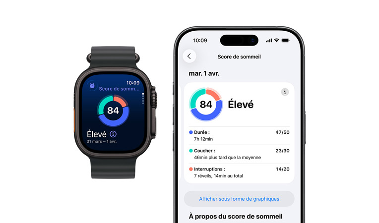 Apple Watch Series 11, bo?tier en aluminum, couleur or rose, app Signes vitaux, tableau des scores de santé, notification indiquant des signes vitaux nocturnes habituels, c?té droit, Digital Crown, Bracelet Sport rose tendre