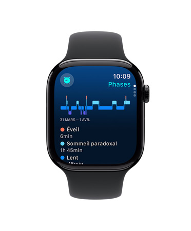 Apple Watch Series 10, vue de face, bracelet Sport noir, l’interface affiche ? Sommeil ?, ? Phases de sommeil ?, ? Analyse ? et ? Temps de sommeil ?