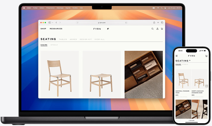 écrans de MacBook et d’iPhone affichant la même page Safari ouverte sur les deux appareils