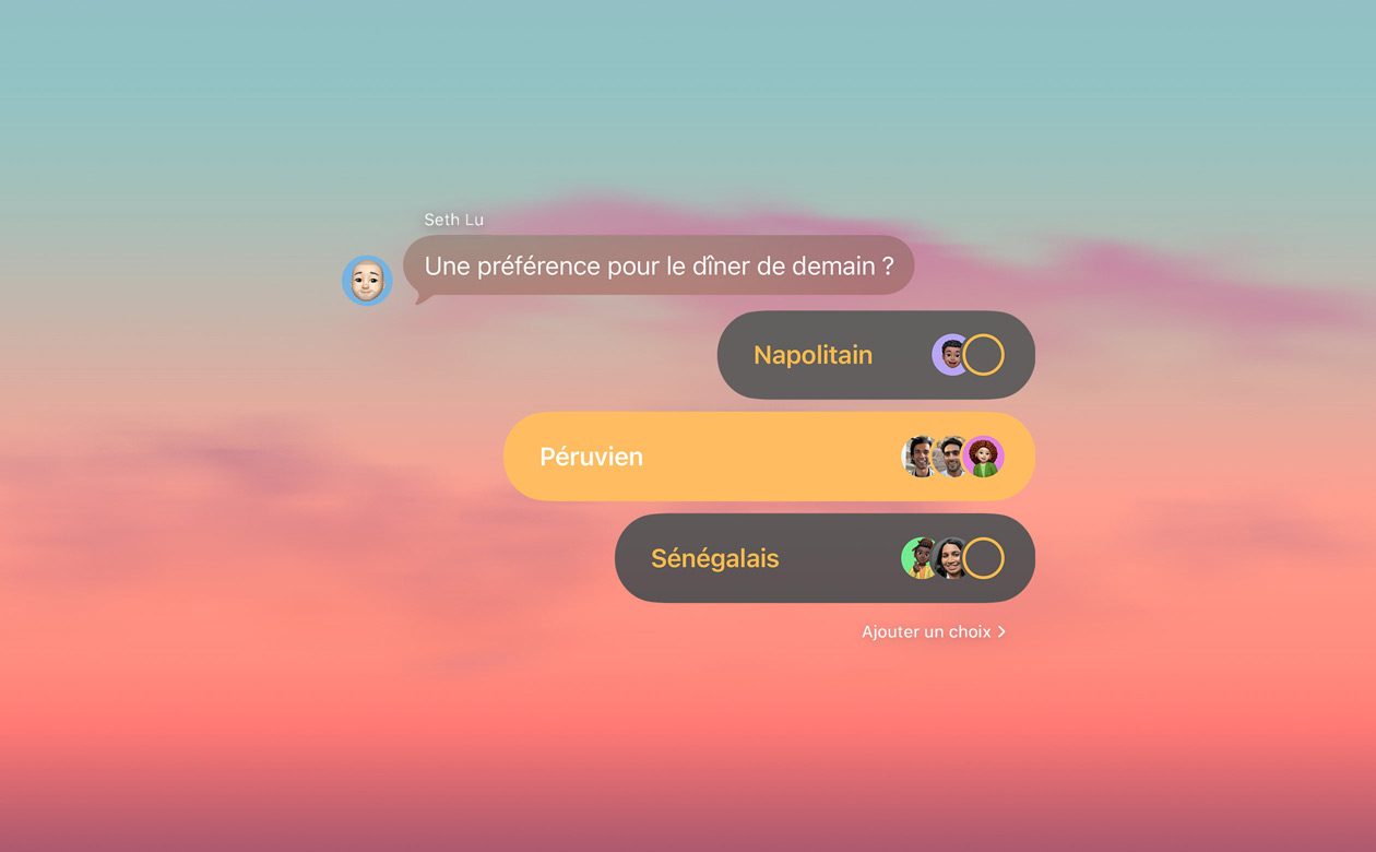 Sondages et arrière-plans dans Messages montrant des personnes qui votent dans le chat de groupe sur ce qu’elles préfèrent manger pour le d?ner