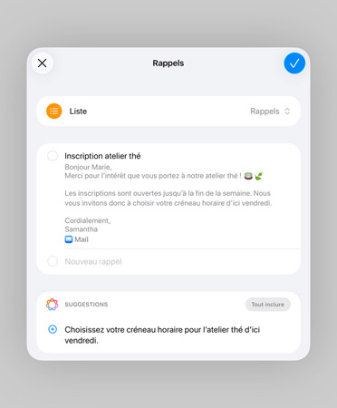 Liste dans l’app Rappels avec des rappels intelligents et des taches suggérées