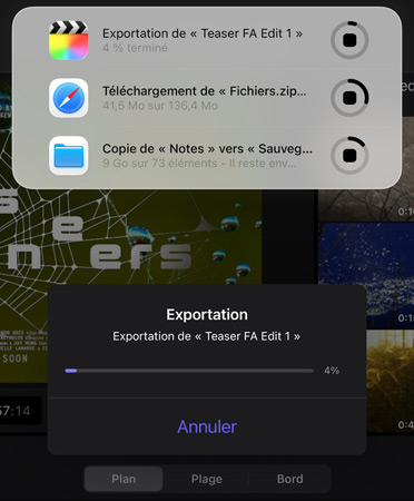 Une liste d’activités en direct simultanément en cours et en exécution, la liste comprend l’exportation d’une bande-annonce, le téléchargement de fichiers volumineux et le déplacement de ? Notes ? vers ? Sauvegarde ?