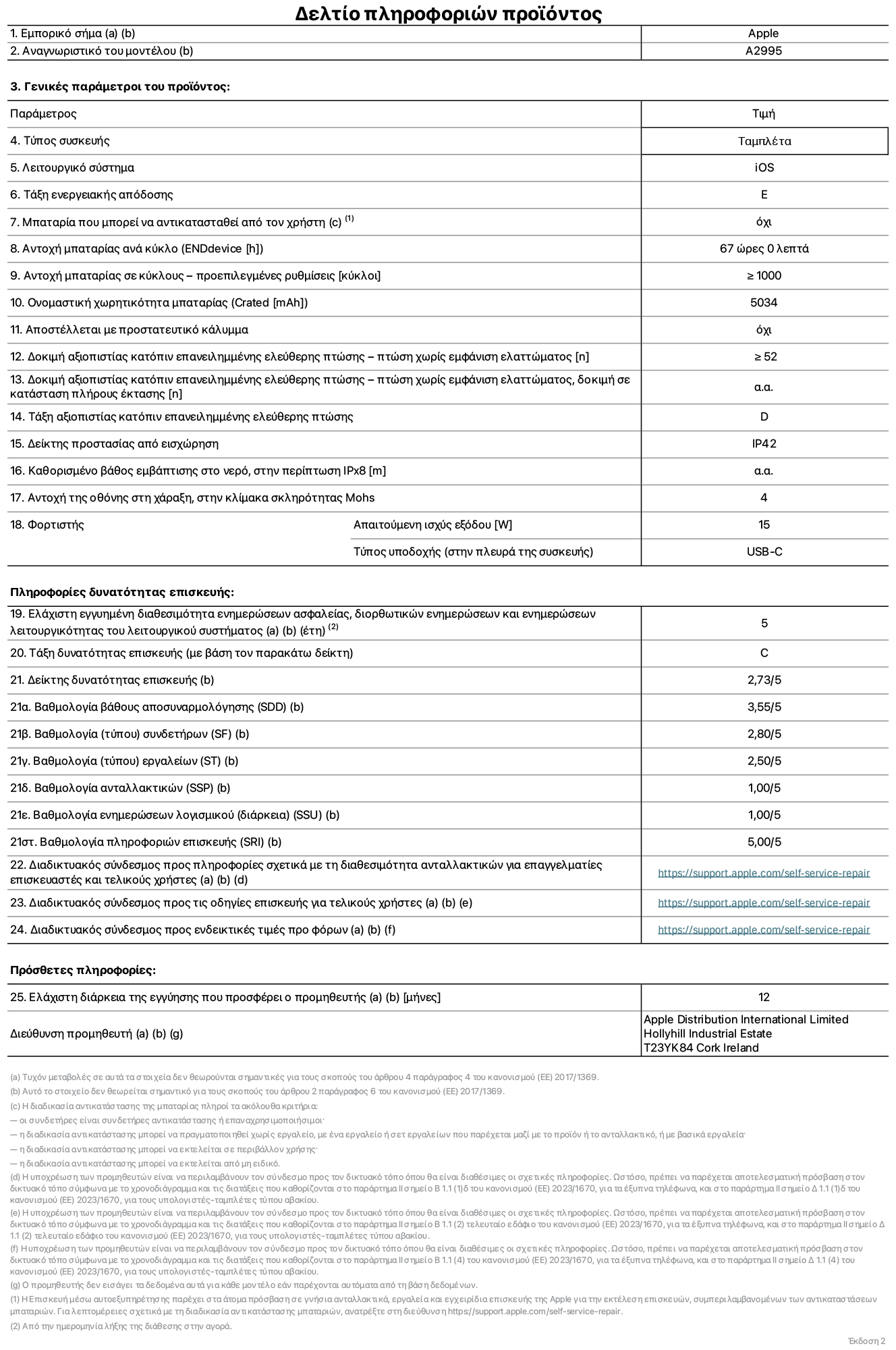 Φ?λλο πληροφορι?ν προ??ντο? για το iPad?mini?Wi-Fi?+?Cellular, μοντ?λο?A2995. Παρ?χεται απ? την Apple Distribution International Limited, Hollyhill Industrial Estate. Cork, Ιρλανδ?α, T23 YK84. Τ?πο? συσκευ??: τ?μπλετ. Λειτουργικ? σ?στημα: iOS. Τ?ξη ενεργειακ?? απ?δοση?: E. Δυνατ?τητα αντικατ?σταση? μπαταρ?α? απ? τον χρ?στη: ?χι. Αντοχ? μπαταρ?α?: 67??ρε?. Αντοχ? μπαταρ?α? σε κ?κλου?: Μεγαλ?τερη ? ?ση του 1000. Ονομαστικ? χωρητικ?τητα μπαταρ?α?: 5034?mAh. Δοκιμ? αξιοπιστ?α? κατ?πιν επανειλημμ?νη? ελε?θερη? πτ?ση?, πτ?σει? χωρ?? βλ?βη: περισσ?τερε? ? ?σε? με 52. Τ?ξη αξιοπιστ?α? κατ?πιν επανειλημμ?νη? ελε?θερη? πτ?ση?: D. Αξιολ?γηση προστασ?α? απ? εισχ?ρηση: IP42. Ανθεκτικ?τητα οθ?νη? στι? γρατζουνι?? στην κλ?μακα σκληρ?τητα? Mohs: 4. Απαιτο?μενη ισχ?? εξ?δου φορτιστ?: 15?W. Τ?πο? υποδοχ?? ηλεκτρικο? ρε?ματο? φορτιστ?: USB-C. Ελ?χιστη εγγυημ?νη διαθεσιμ?τητα ενημερ?σεων ασφαλε?α?, διορθωτικ?ν ενημερ?σεων και ενημερ?σεων λειτουργικ?τητα? λειτουργικο? συστ?ματο?: 5 ?τη. Τ?ξη επιδιορθωσιμ?τητα?: C. Δε?κτη? επιδιορθωσιμ?τητα?: 2,73/5. Βαθμολογ?α β?θου? αποσυναρμολ?γηση?: 3,55/5. Βαθμολογ?α συνδετ?ρων: 2,80/5. Βαθμολογ?α εργαλε?ων: 2,50/5. Βαθμολογ?α ανταλλακτικ?ν: 1,00/5. Βαθμολογ?α ενημερ?σεων λογισμικο?: 1,00/5. Βαθμολογ?α πληροφορι?ν επιδι?ρθωση?: 5,00/5. Διαδικτυακ?? σ?νδεσμο? με πληροφορ?ε? για τη διαθεσιμ?τητα ανταλλακτικ?ν για επαγγελματ?ε? τεχνικο?? και τελικο?? χρ?στε?: https://support.apple.com/self-service-repair. Διαδικτυακ?? σ?νδεσμο? με πληροφορ?ε? επιδι?ρθωση? για τελικο?? χρ?στε?: https://support.apple.com/self-service-repair. Διαδικτυακ?? σ?νδεσμο? με ενδεικτικ?? τιμ?? προ φ?ρου: https://support.apple.com/self-service-repair. Προσφ?ρεται 12μηνη γενικ? εγγ?ηση.