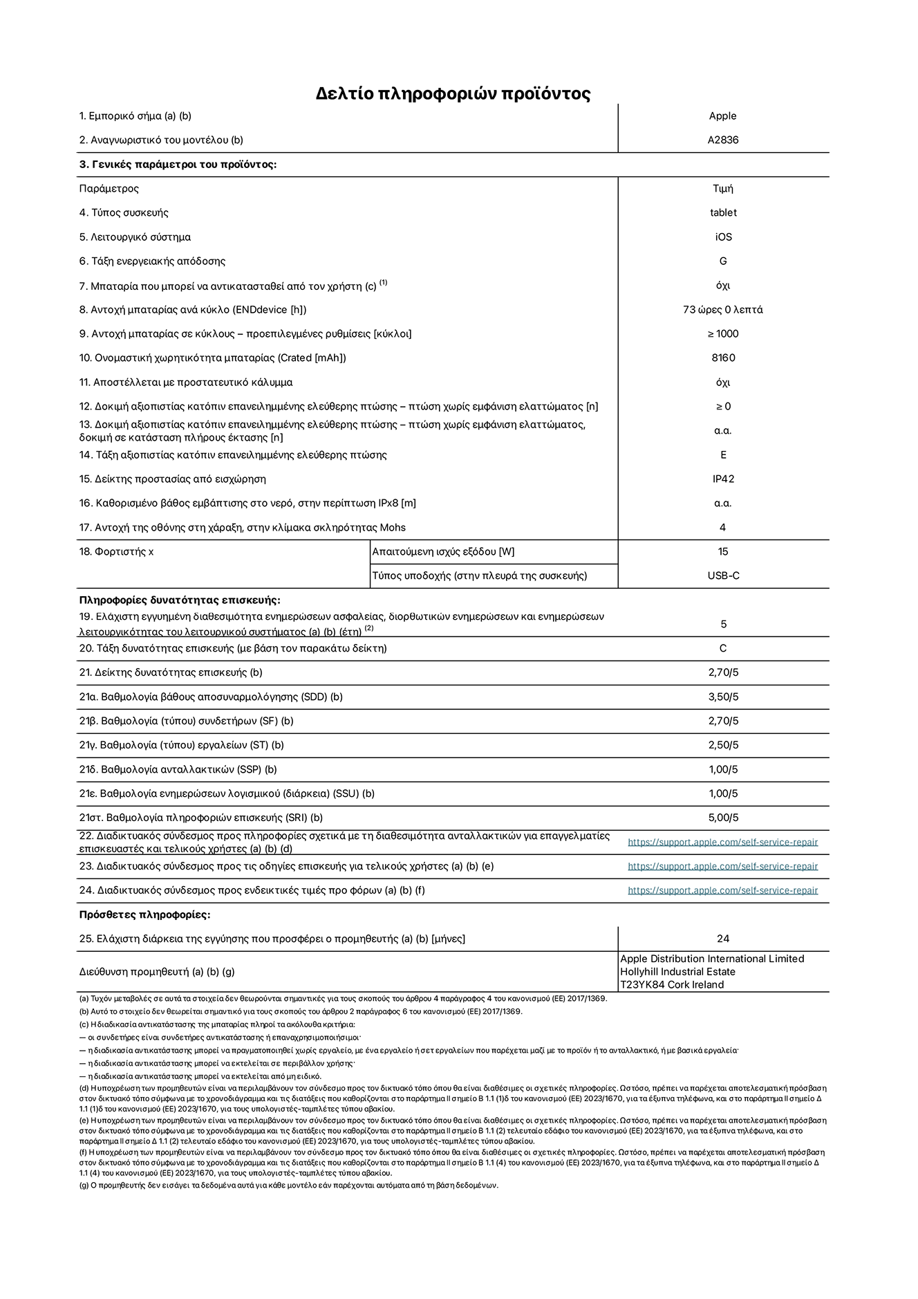Φ?λλο πληροφορι?ν προ??ντο? για το iPad Pro Wi-Fi 11 ιντσ?ν, μοντ?λο A2836. Παρ?χεται απ? την Apple Distribution International Limited, Hollyhill Industrial Estate. Cork, Ιρλανδ?α, T23 YK84. Τ?πο? συσκευ??: τ?μπλετ. Λειτουργικ? σ?στημα: iOS. Τ?ξη ενεργειακ?? απ?δοση?: G. Δυνατ?τητα αντικατ?σταση? μπαταρ?α? απ? τον χρ?στη: ?χι. Αντοχ? μπαταρ?α?: 73 ?ρε?. Αντοχ? μπαταρ?α? σε κ?κλου?: ≥ 1000. Ονομαστικ? χωρητικ?τητα μπαταρ?α?: 8160 mAh. Δοκιμ? αξιοπιστ?α? κατ?πιν επανειλημμ?νη? ελε?θερη? πτ?ση?, πτ?σει? χωρ?? βλ?βη: ≥ 0. Τ?ξη αξιοπιστ?α? κατ?πιν επανειλημμ?νη? ελε?θερη? πτ?ση?: E. Αξιολ?γηση προστασ?α? απ? εισχ?ρηση: IP42. Ανθεκτικ?τητα οθ?νη? στι? γρατζουνι?? στην κλ?μακα σκληρ?τητα? Mohs: 4. Απαιτο?μενη ισχ?? εξ?δου φορτιστ?: 15 W. Τ?πο? υποδοχ?? ηλεκτρικο? ρε?ματο? φορτιστ?: USB-C. Ελ?χιστη εγγυημ?νη διαθεσιμ?τητα ενημερ?σεων ασφαλε?α?, διορθωτικ?ν ενημερ?σεων και ενημερ?σεων λειτουργικ?τητα? λειτουργικο? συστ?ματο?: 5 ?τη. Τ?ξη επιδιορθωσιμ?τητα?: C. Δε?κτη? επιδιορθωσιμ?τητα?: 2,70/5. Βαθμολογ?α β?θου? αποσυναρμολ?γηση?: 3,50/5. Βαθμολογ?α συνδετ?ρων: 2,70/5. Βαθμολογ?α εργαλε?ων: 2,50/5. Βαθμολογ?α ανταλλακτικ?ν: 1,00/5. Βαθμολογ?α ενημερ?σεων λογισμικο?: 1,00/5. Βαθμολογ?α πληροφορι?ν επιδι?ρθωση?: 5,00/5. Διαδικτυακ?? σ?νδεσμο? με πληροφορ?ε? για τη διαθεσιμ?τητα ανταλλακτικ?ν για επαγγελματ?ε? τεχνικο?? και τελικο?? χρ?στε?: https://support.apple.com/self-service-repair. Διαδικτυακ?? σ?νδεσμο? με πληροφορ?ε? επιδι?ρθωση? για τελικο?? χρ?στε?: https://support.apple.com/self-service-repair. Διαδικτυακ?? σ?νδεσμο? με ενδεικτικ?? τιμ?? προ φ?ρου: https://support.apple.com/self-service-repair. Προσφ?ρεται 24μηνη γενικ? εγγ?ηση.
