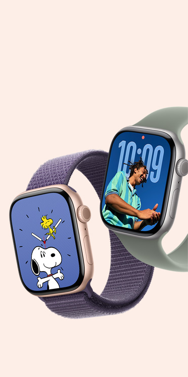 Συσκευ?? Apple Watch Series 11, κ?σα απ? αλουμ?νιο, χρ?μα διαστημικ? γκρι και κ?σα απ? τιτ?νιο, φυσικ? χρ?μα, προσ?ψει? ρολογιο? Snoopy και Photos, λουρ?κι Sport Loop, χρ?μα μωβ τη? ομ?χλη?, λουρ?κι Solo Loop, χρ?μα πρ?σινο γκρι