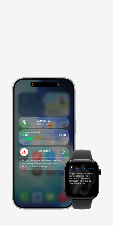 iPhone 17 Pro 螢?zāi)徽故臼褂弥械募磿r(shí)聆聽環(huán)節(jié)，並帶有所得音訊的字幕；Apple Watch Series 11 螢?zāi)徽故就灰粲嵉募磿r(shí)字幕。