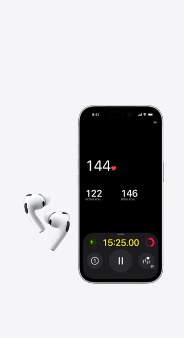 左右兩邊的無(wú)線(xiàn)耳筒，旁邊有一部 iPhone 螢?zāi)伙@示心率監(jiān)測(cè)器