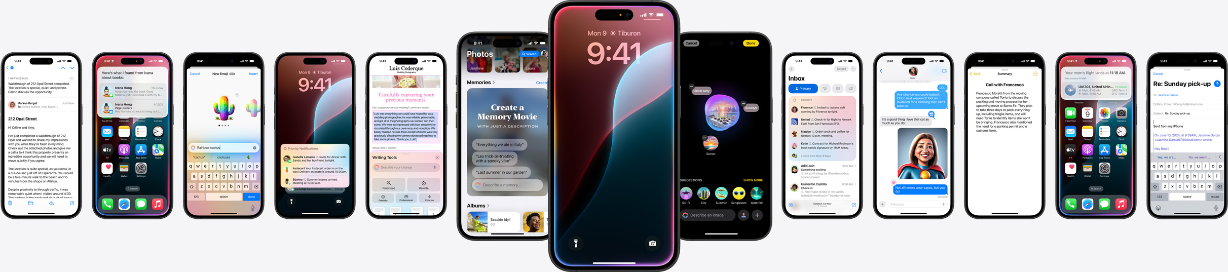 多部 iPhone 的靜態(tài)圖像，展示 Apple Intelligence 的各項功能。