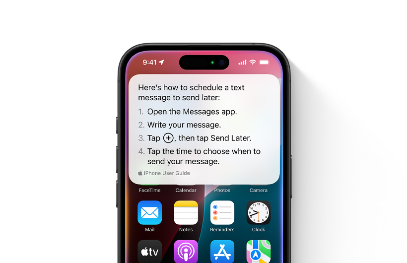 iPhone 顯示逐步指引，說明如何處理需要稍後傳送的文字訊息。