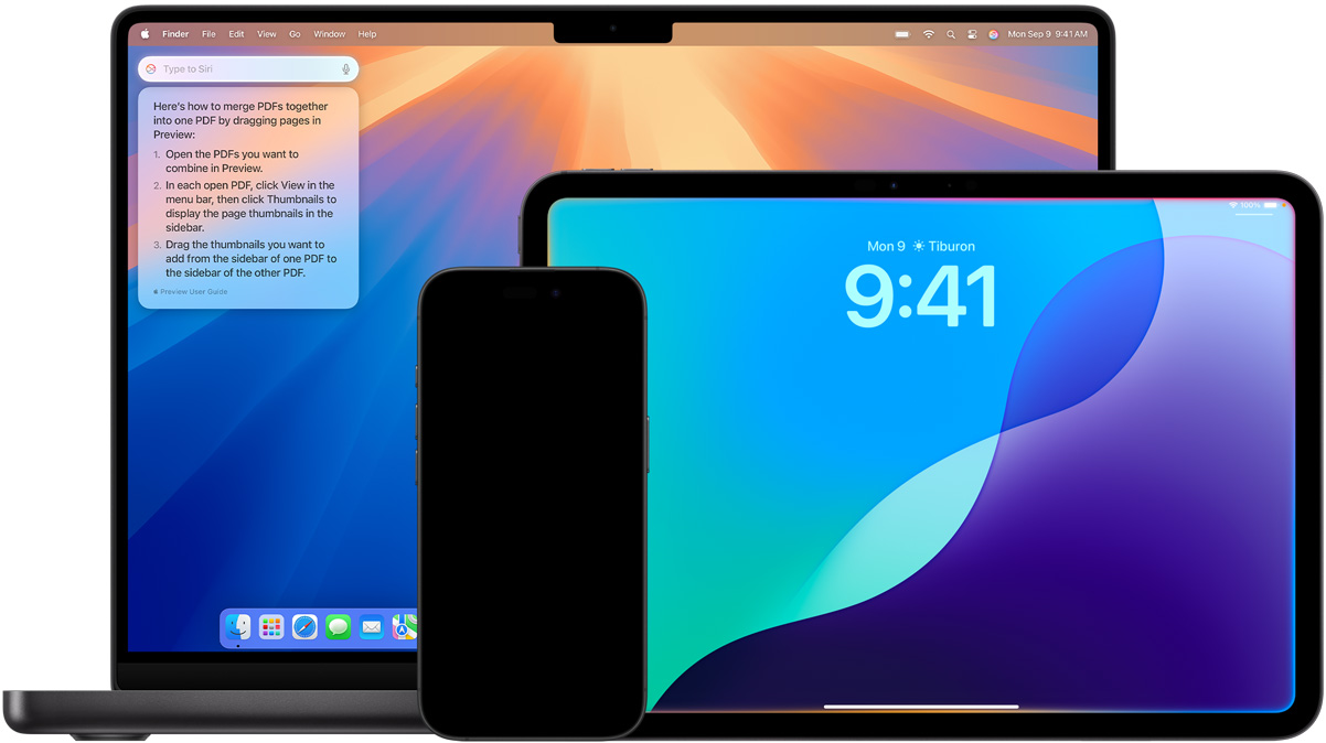 Mac、iPad 和 iPhone 顯示由 Apple Intelligence 驅(qū)動的全新 Siri 功能。