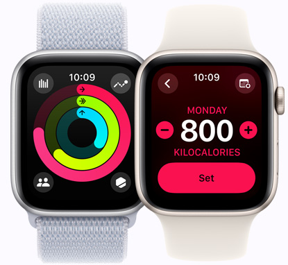 兩部 Apple Watch SE 裝置展示健身記錄畫面，分別是健身記錄圓圈及卡路里目標(biāo)。