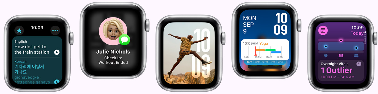 多隻 Apple Watch，各顯示不同錶面選項(xiàng)