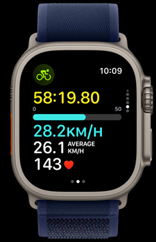Apple Watch Ultra 2 顯示某人踩單車的速度。