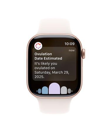 Apple Watch Series 10 配白色運(yùn)動錶帶的正面圖，用戶介面顯示排卵和經(jīng)期記錄