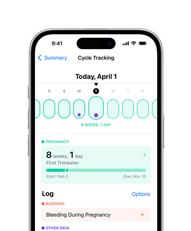 iPhone 16 的正面圖，用戶介面顯示健康 app 的經(jīng)期追蹤