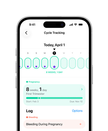 iPhone，在健康 app 設(shè)定了經(jīng)期追蹤以追蹤懷孕期間的里程碑