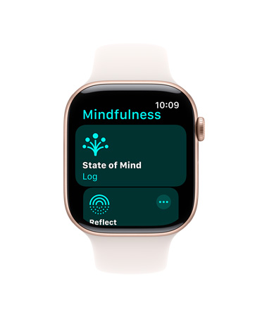 Apple Watch Series 10 配白色運(yùn)動錶帶的正面圖，用戶介面顯示靜觀 app 的心理狀態(tài)和記錄