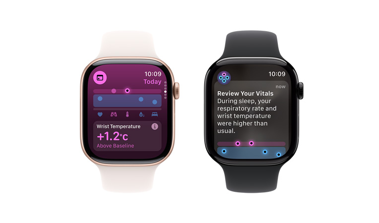 Apple Watch Series 10 配白色運(yùn)動錶帶，用戶介面顯示維生指數(shù) app 的手腕溫度資料。旁邊有另一隻 Apple Watch Series 10 配黑色運(yùn)動錶帶，用戶介面顯示維生指數(shù) app 中的手腕溫度、心率和分析