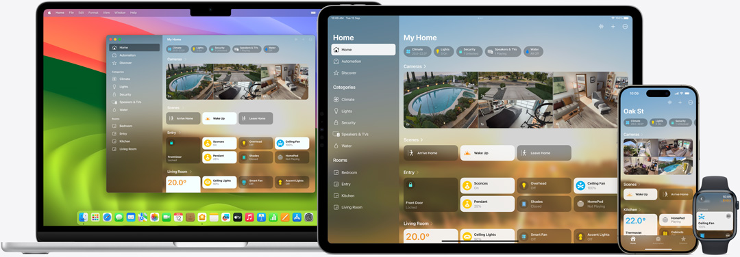 家居 app 用戶介面顯示在 Mac、iPad、iPhone 及 Apple Watch 上。