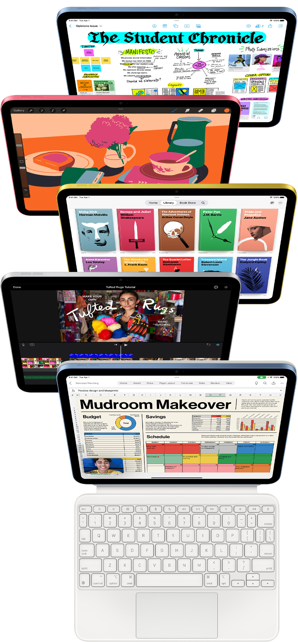 多部 iPad 的正面圖，螢?zāi)伙@示各式各樣的 app，包括 Freeform、Procreate、Apple Books、iMovie、Excel 和 Webex Meetings。