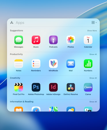 Spotlight 瀏覽選單，按類別顯示以下的 app：建議、生產(chǎn)力、創(chuàng)造力、資料與閲讀