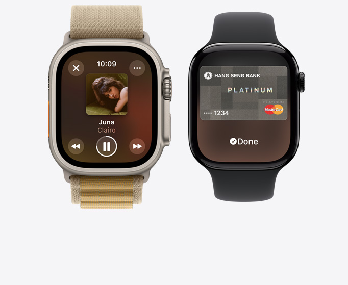 Apple Watch Ultra 2 及 Apple Watch Series 10 的正面，分別顯示正在播放音樂及以 Apple Pay 使用信用卡交易。