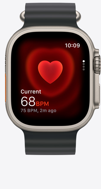 Apple Watch Ultra 2 的正面，心率 app 畫面顯示目前每分鐘心跳 68 下。