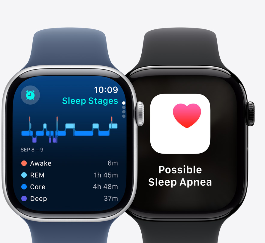 兩隻 Apple Watch Series 10 的正面，分別顯示睡眠階段畫面及「疑似睡眠窒息癥」通知。
