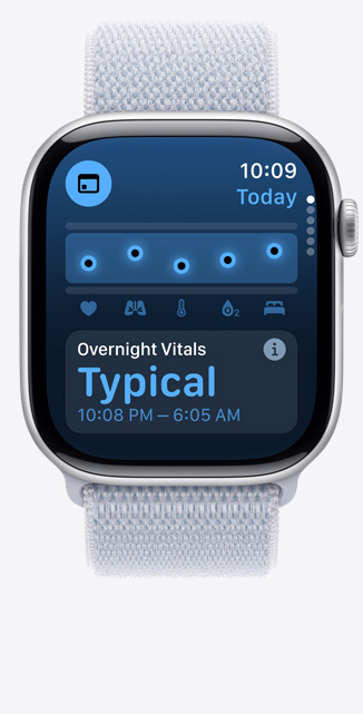 Apple Watch Series 10 的正面，維生指數(shù) app 畫面顯示夜間健康指標(biāo)正常