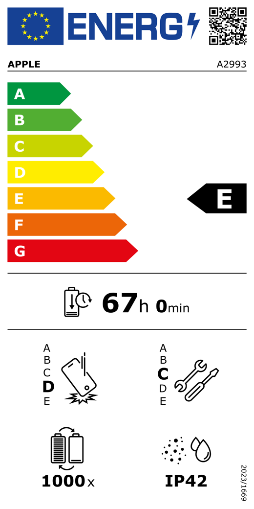 EU oznaka energetske u?inkovitosti – QR k?d i informacije, Apple model A2993, razred E, razredi energetske u?inkovitosti (sa skalom od A do G), A (naju?inkovitiji) do G (najmanje u?inkovit), izdr?ljivost baterije po ciklusu, 67 sati i 0 minuta po punom punjenju baterije, klasa pouzdanosti pri ponovljenim slobodnim padovima D, A (najizdr?ljiviji) do E (najmanje izdr?ljiv), klasa popravljivosti C, A (najlak?e popravljivo) do E (najte?e popravljivo), 1000 ciklusa izdr?ljivosti baterije, za?tita od pra?ine i vode (IP) ocjena IP42, uredba 2023/1669
