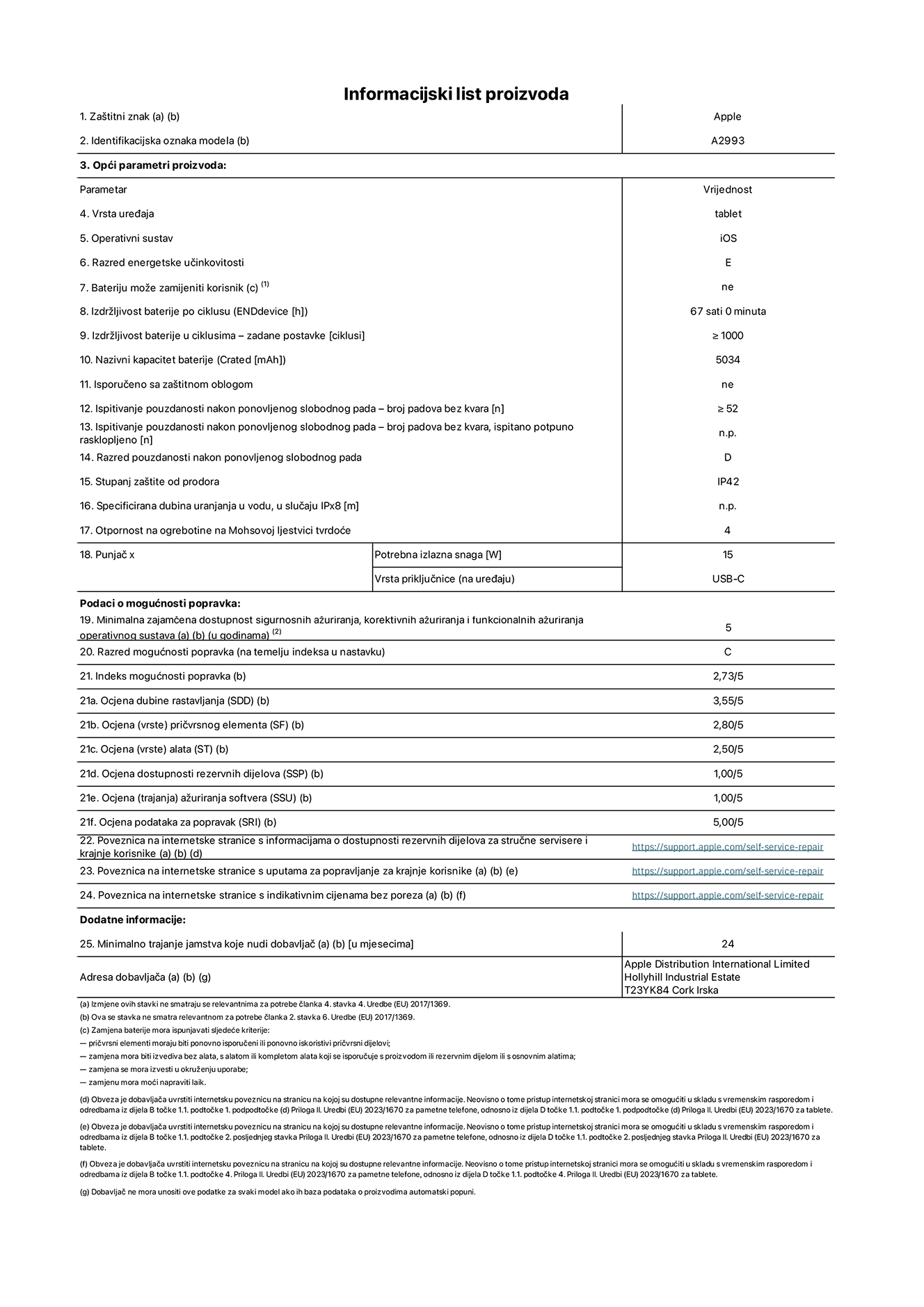 List s informacijama o proizvodu za iPad mini Wi-Fi, model A2993. Isporu?uje Apple Distribution International Ltd, Hollyhill Industrial Estate. Cork, Irska T23 YK84. Vrsta ure?aja: tablet. Operacijski sustav: iOS. Klasa energetske u?inkovitosti: E. Baterija koju mo?e zamijeniti korisnik: ne. Trajanje baterije: 67 sati. Trajanje baterije u ciklusima: ve?e ili jednako 1000. Nazivni kapacitet baterije: 5034?mAh. Test pouzdanosti ponavljanim slobodnim padovima – padovi bez kvarova: ve?e ili jednako 52. Klasa pouzdanosti pri ponavljanim slobodnim padovima: D. Ocjena za?tite od prodiranja: IP42. Otpornost na grebanje zaslona na Mohsovoj ljestvici tvrdo?e: 4. Potrebna izlazna snaga punja?a: 15?W. Tip uti?nice punja?a: USB-C. Minimalna zajam?ena dostupnost sigurnosnih a?uriranja operacijskog sustava, korektivnih a?uriranja i a?uriranja funkcionalnosti: 5 godina. Klasa popravljivosti: C. Indeks popravljivosti: 2,73/5. Ocjena dubine rastavljanja: 3,55/5. Ocjena pri?vrsnih elemenata: 2,80/5. Ocjena alata: 2,50/5. Ocjena rezervnih dijelova: 1,00/5. Ocjena a?uriranja softvera: 1,00/5. Ocjena informacija o popravcima: 5,00/5. Internetska poveznica prema informacijama o dostupnosti rezervnih dijelova za profesionalne servisere i krajnje korisnike: https://support.apple.com/self-service-repair. Internetska poveznica prema uputama za popravljanje za krajnje korisnike: https://support.apple.com/self-service-repair. Internetska poveznica prema indikativnim cijenama prije poreza: https://support.apple.com/self-service-repair. Ponu?eno je 24-mjese?no op?enito jamstvo.