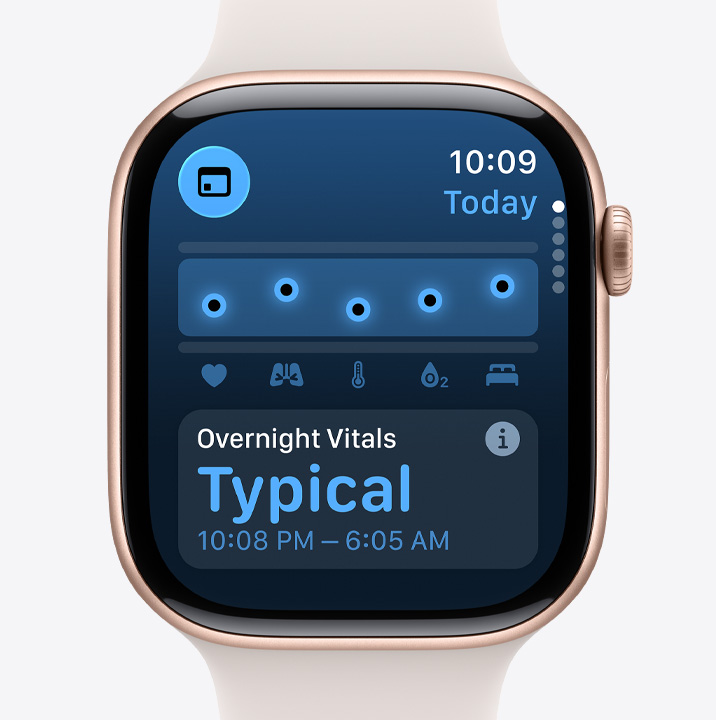 Apple Watch Series 11, rozéaranyszín? alumíniumtok, Vitális jelek app, egészségpontszámok diagramja, alvási vitális jelekkel kapcsolatos értesítés
