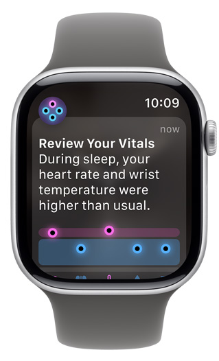 Egy Apple?Watch kijelz?jén a Vitális jelek áttekintése figyelmeztetés látható