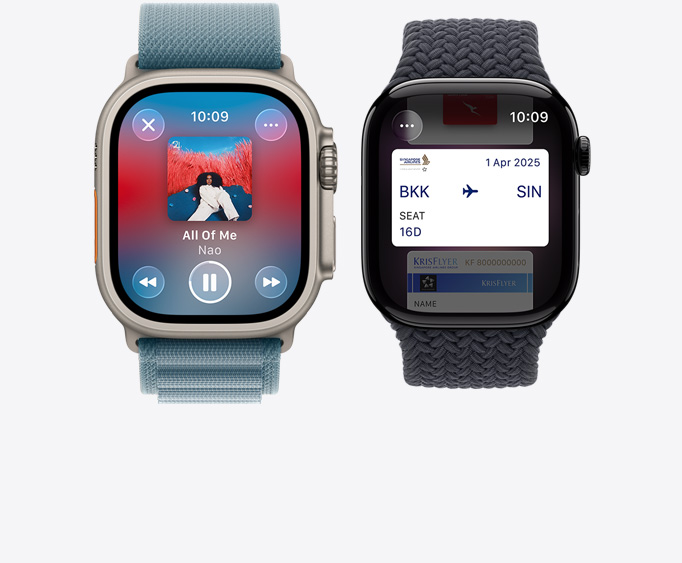 Tampilan depan Apple Watch Ultra 2 dan Apple Watch Series 10 yang memperlihatkan musik yang sedang diputar serta Credit Card.