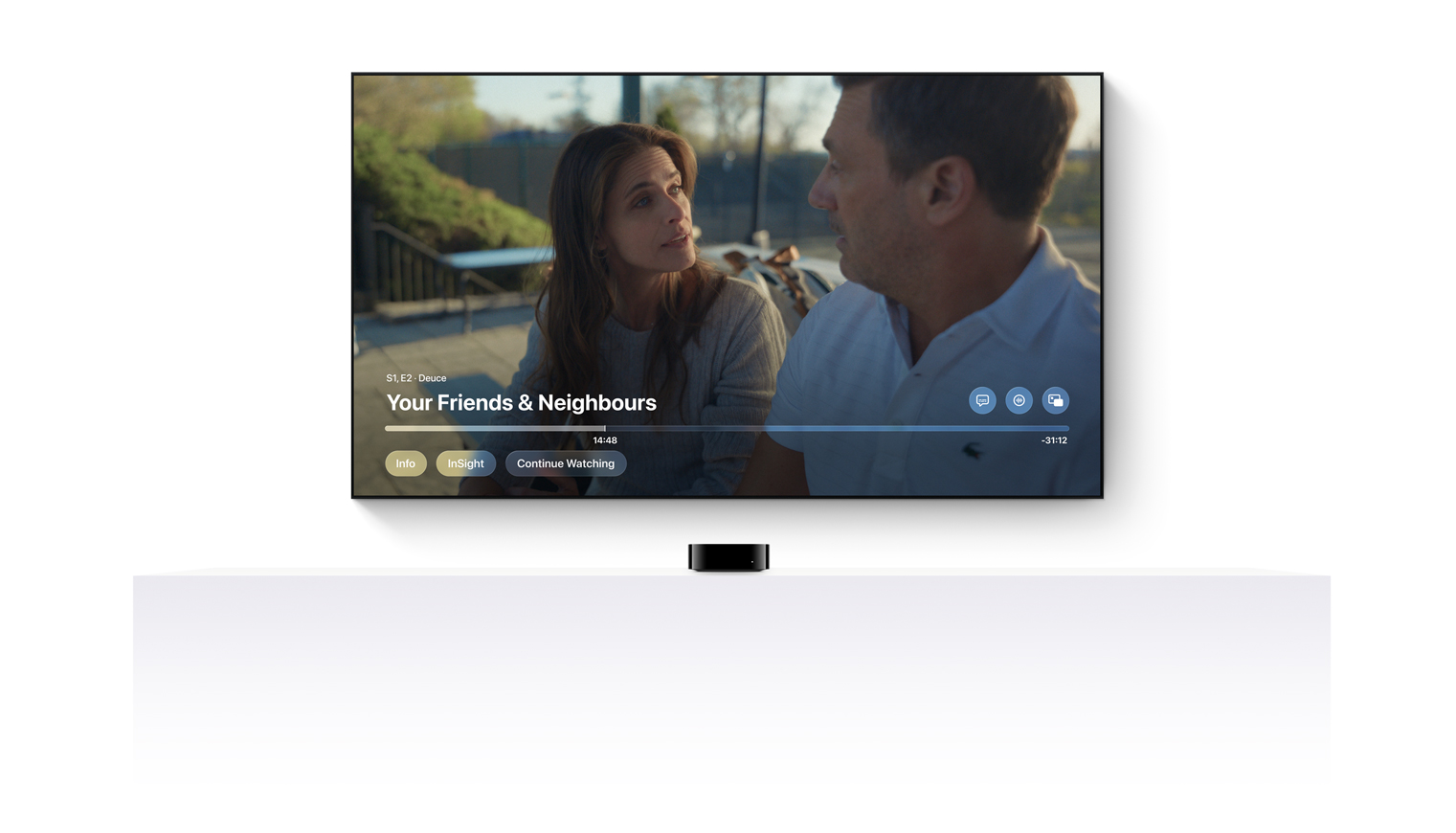 The Apple TV+ show "Your Friends & Neighbours" on a TV screen. Below the screen is an Apple TV4K.