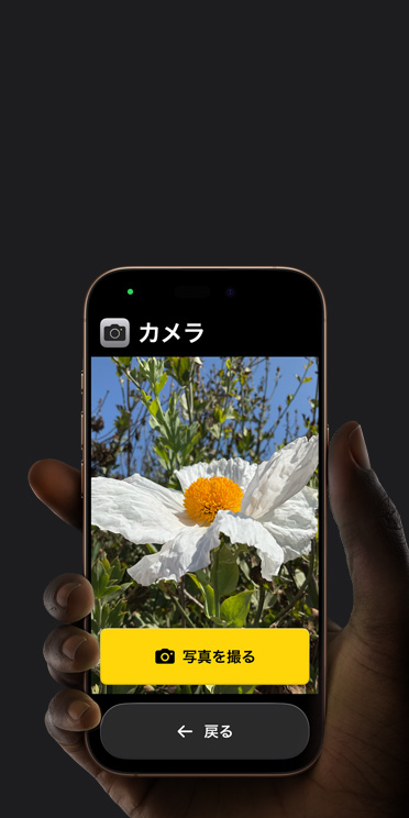 iPhone 16 Proの畫面に表示されている簡略化されたカメラアプリのインターフェイス。フレームに入った白い花と、その下に「寫真を撮る」ボタンと「戻る」ボタンが表示されている「